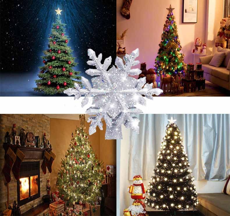 Christmas Tree Topper Star Lighted 3D Glitter Silver Snow Tree Toppers Snowflake Projector New Year Home Decoration